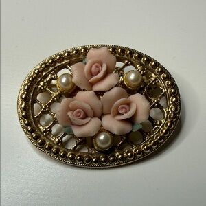 1928 Gold-Tone Pink Rose Porcelain Brooch with Faux Pearls pin